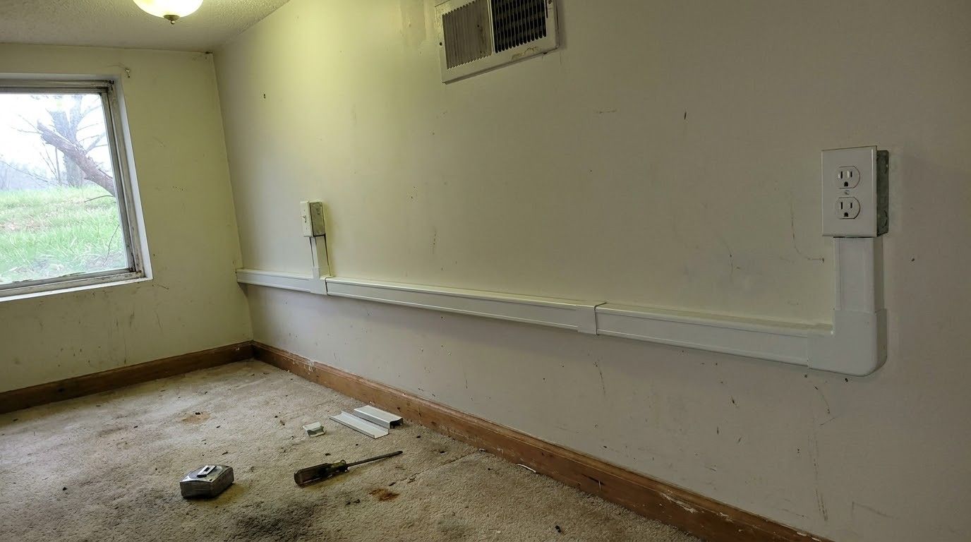 Empty room with bare floor, pale green walls, window, and wall-mounted trim and outlets