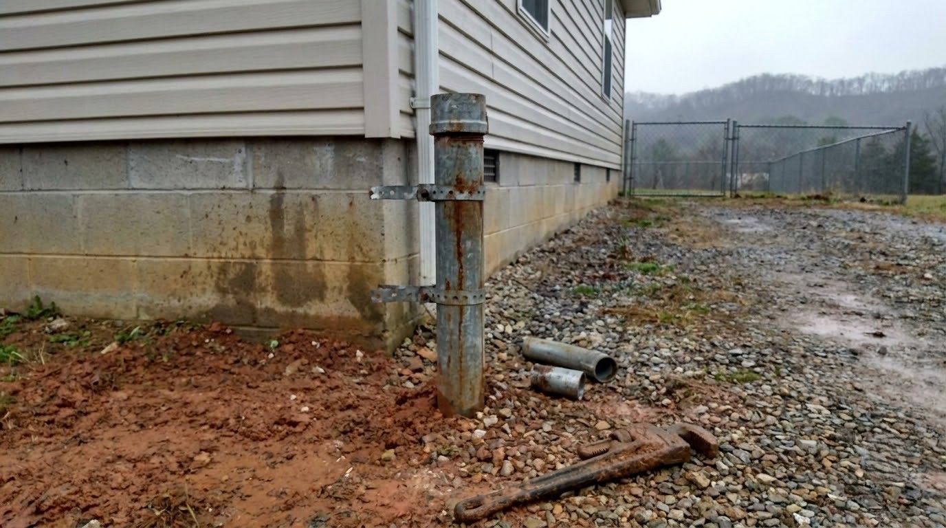 Damaged utility pipe beside a house foundation, with debris on muddy ground near a gravel driveway