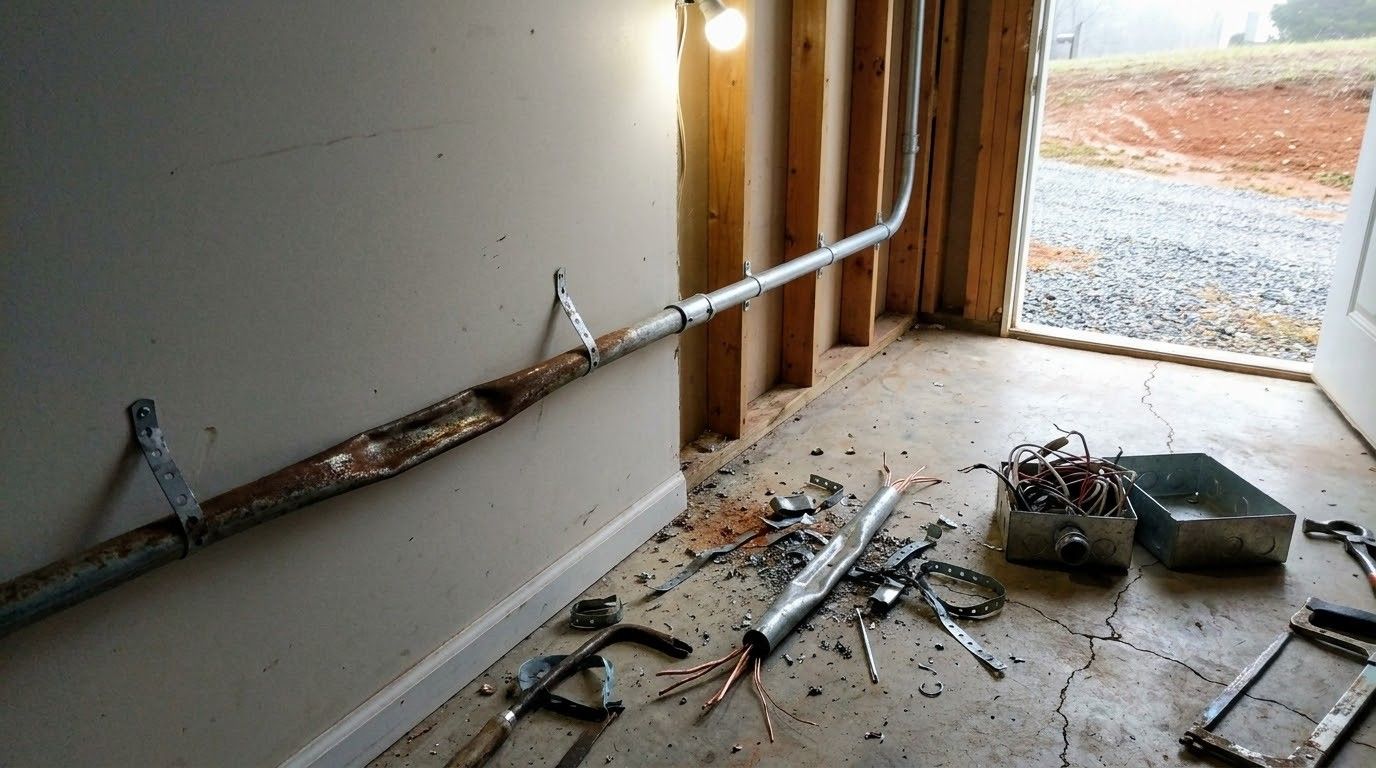 Damaged room with broken wall, exposed pipe, debris on floor, and daylight coming through open doorway