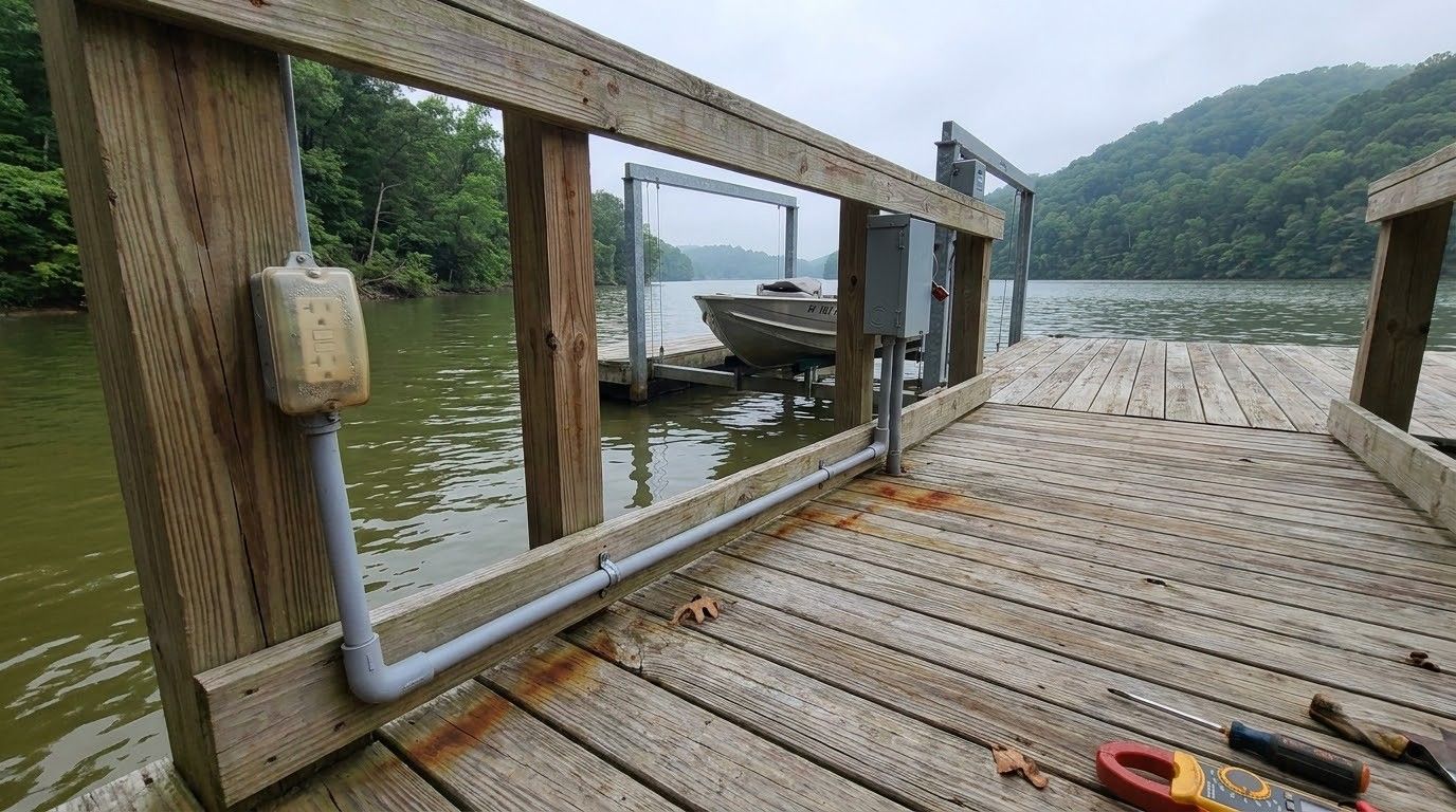 Damaged wooden dock railing beside a misty lake, with a boat in the distance and debris on the boards