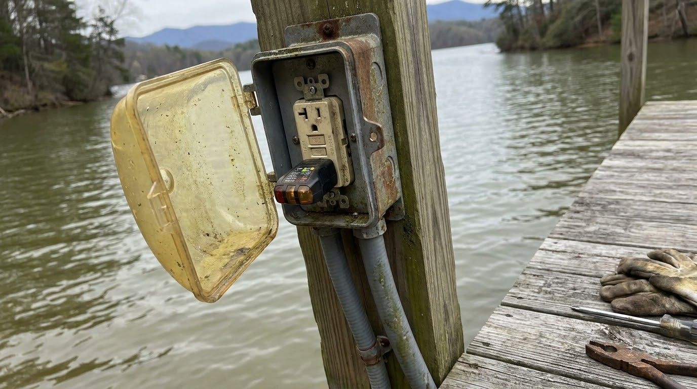 Open electrical outlet box on a wooden dock by a lake, with mountains and trees in the background