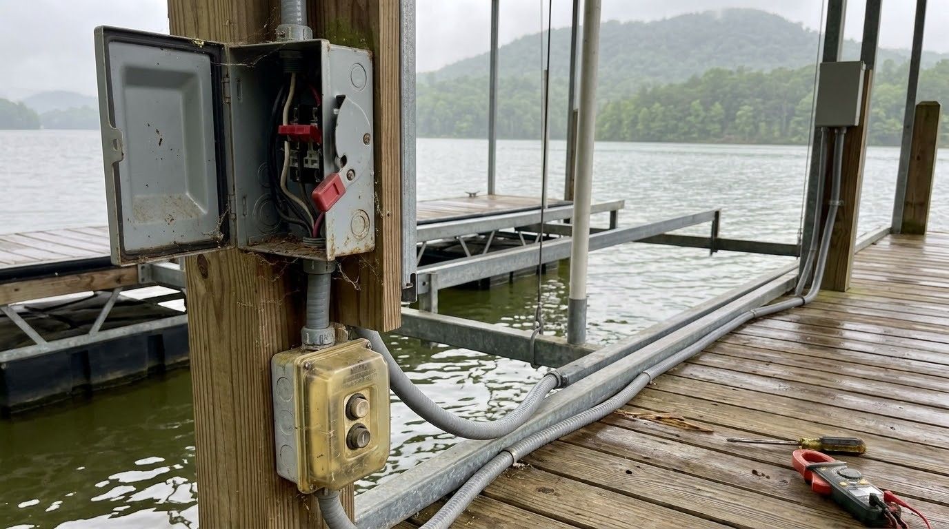 Open electrical box and coiled cables on wet dock beside a lake, with tools on the wooden deck.