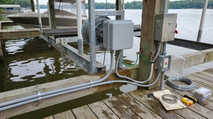 Dockside electrical boxes and conduit mounted on a wooden pier over water
