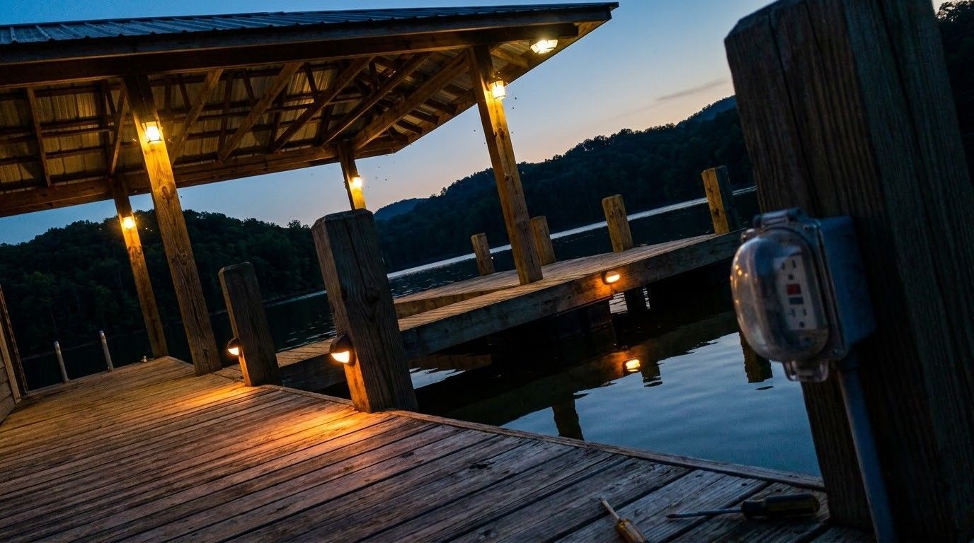 Wooden dock under a covered pavilion at dusk, overlooking calm water and distant hills.