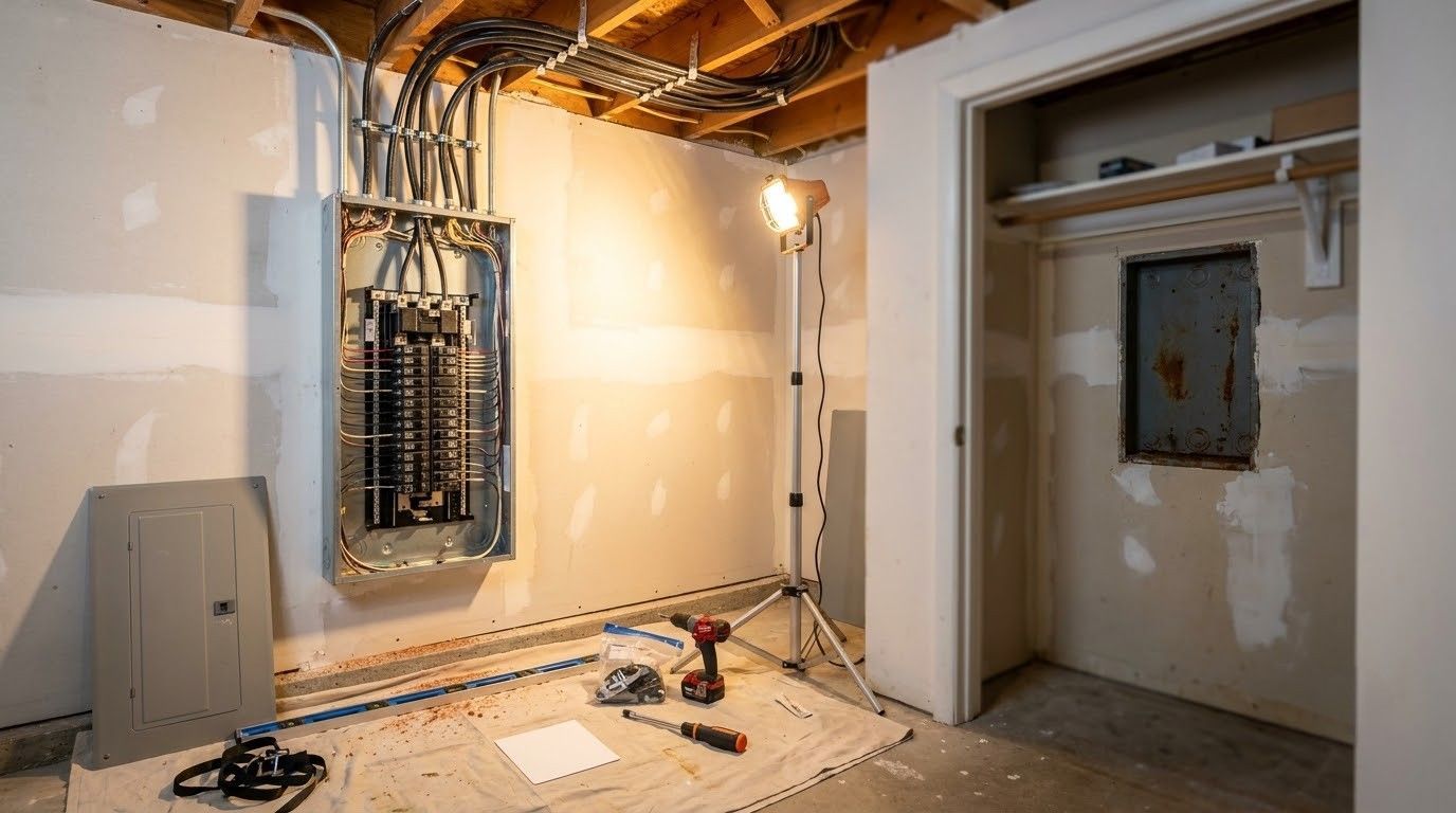 Partially renovated room with exposed wiring, open electrical panel, and tools on the floor