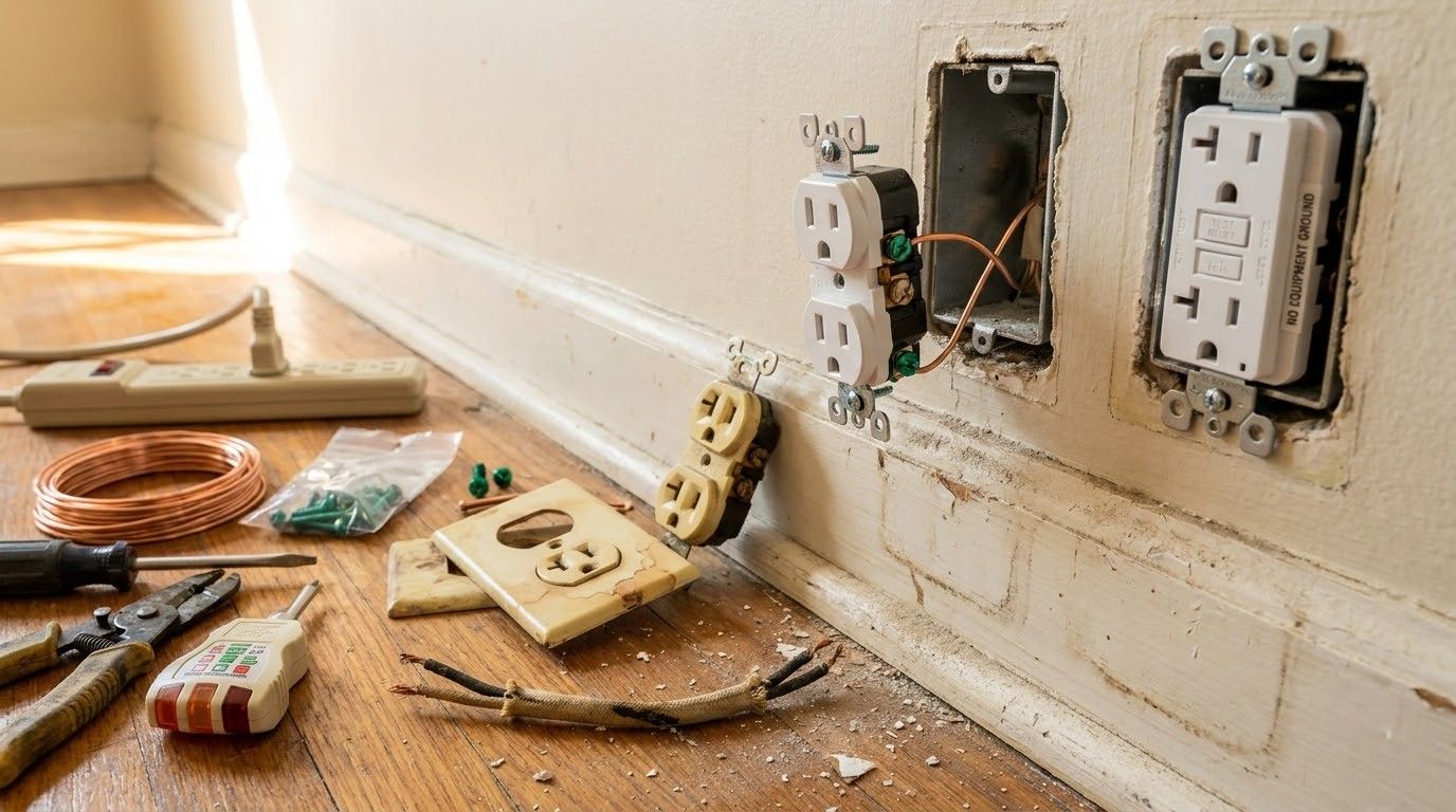 Electrical outlets and tools on a hardwood floor during home wiring repair, with exposed wall boxes.
