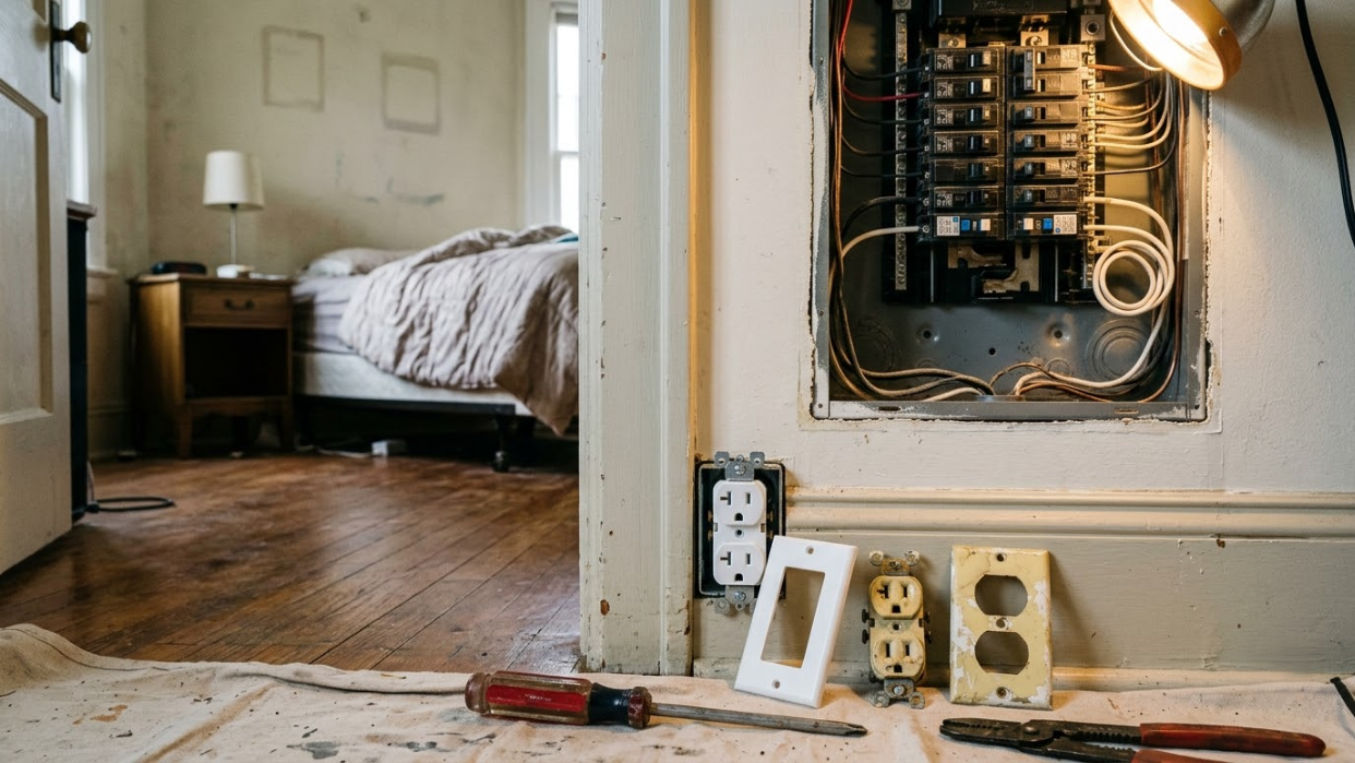 Exposed electrical panel and tools in a doorway beside a bedroom, suggesting home renovation work