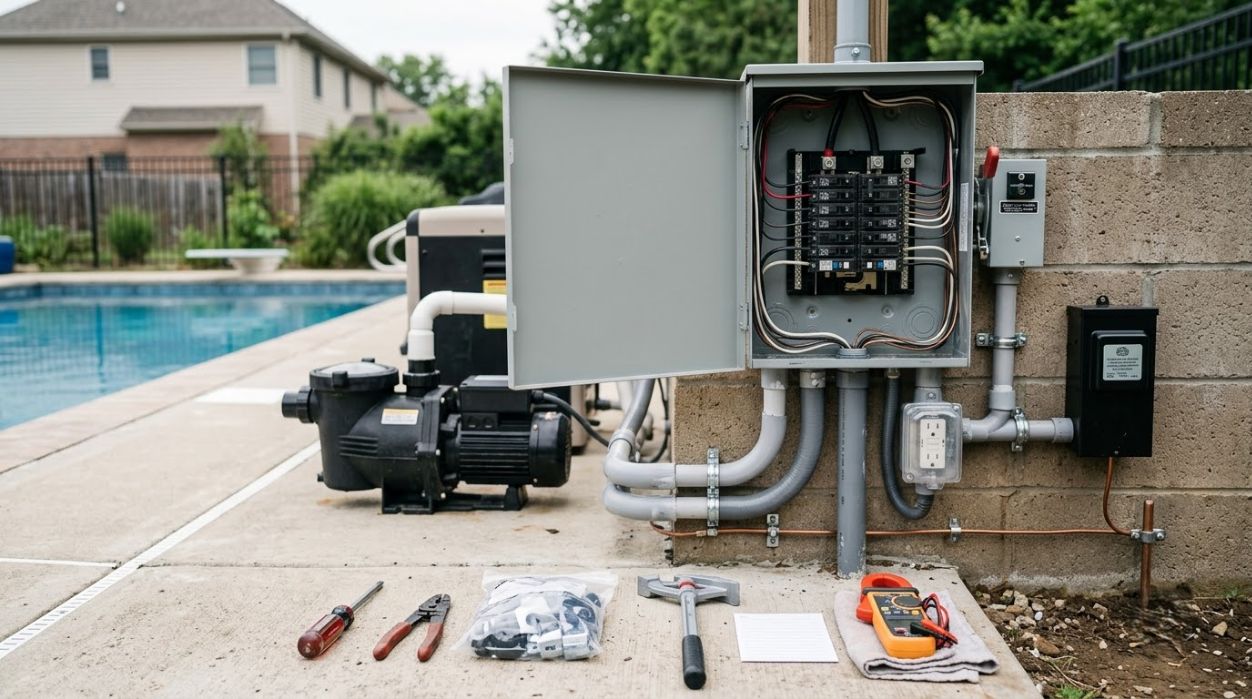 Poolside electrical panel open with tools laid out on the ground, showing wiring and equipment maintenance.