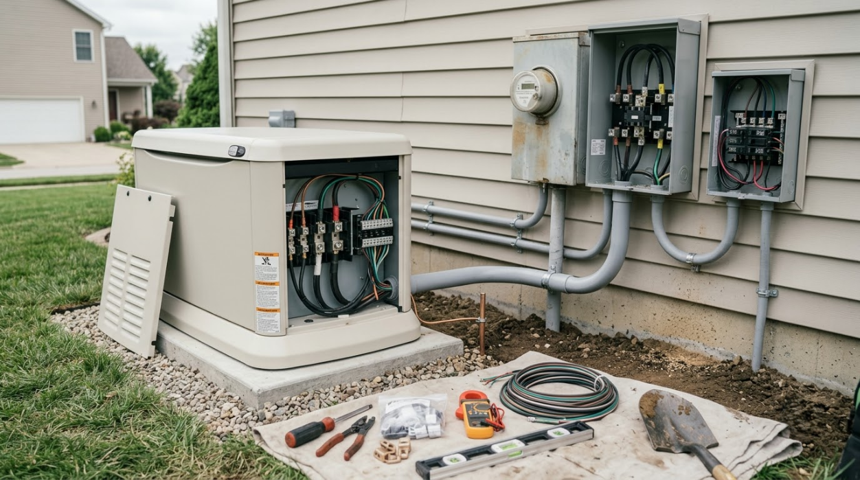 Outdoor home electrical and HVAC equipment with open utility panels and tools laid out on the ground