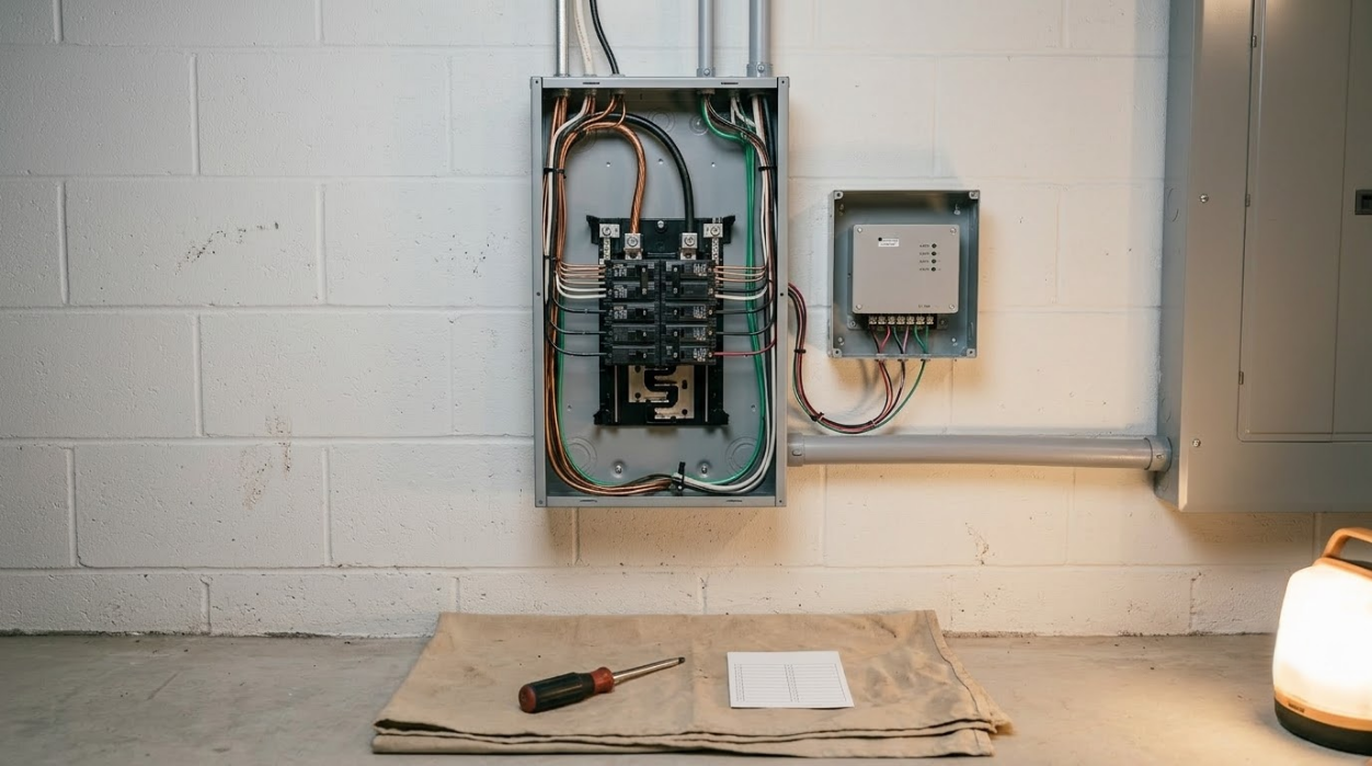 Open electrical panel and meter on a white wall, with tools on a cloth-covered floor.