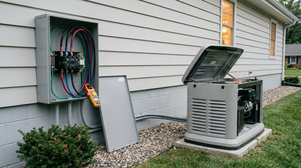 Open electrical panel beside house HVAC unit with wires exposed and cover leaning against wall