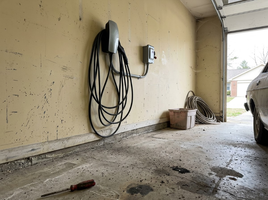 Garage with wall-mounted EV charger, coiled cable, and concrete floor, seen from inside a driveway.