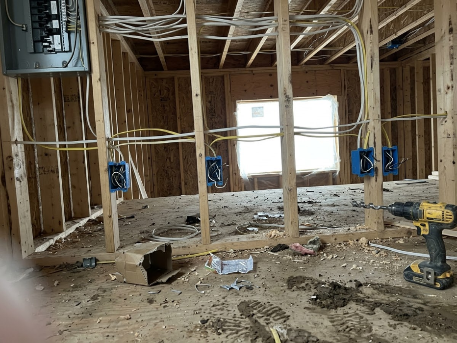 Interior of a house under construction, with exposed framing, wiring, and tools on a dirt floor.