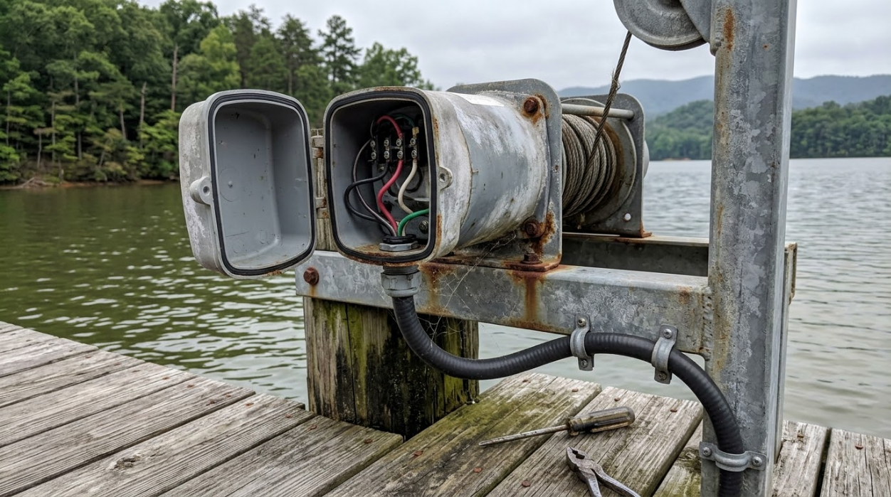 Damaged metal dock electrical box with exposed wires by a lake, mounted on weathered wooden planks
