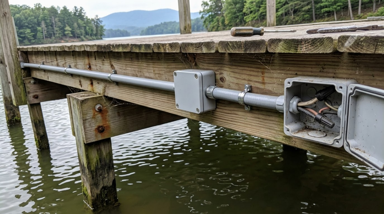 Wooden dock with electrical conduit and junction boxes extending over calm water
