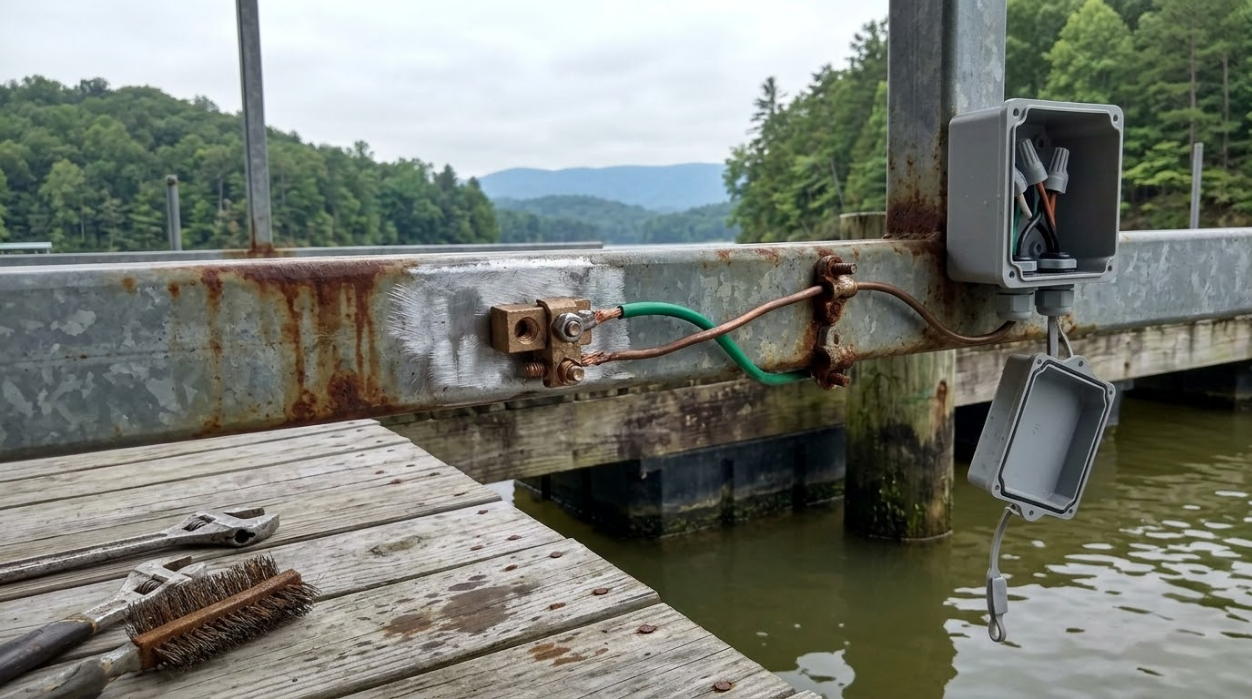 Rusty dock gate and electrical box over water with forested hills in the background