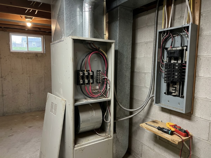 Open electrical box and coiled cables on wet dock beside a lake, with tools on the wooden deck.