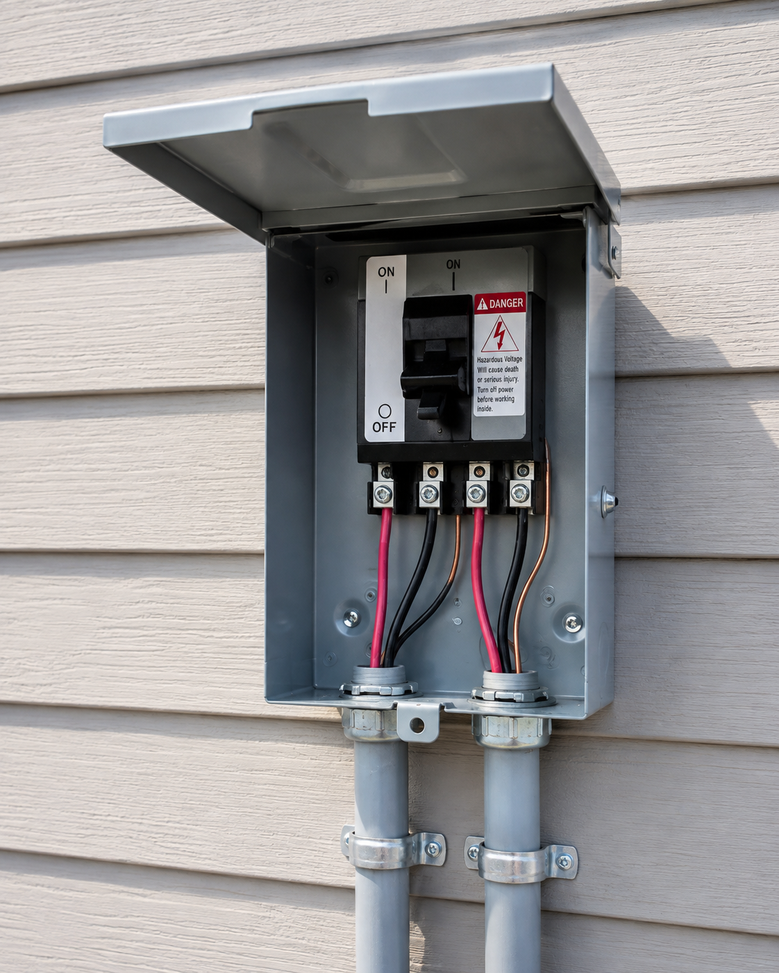 Open electrical breaker panel mounted on beige house siding with wires visible inside.