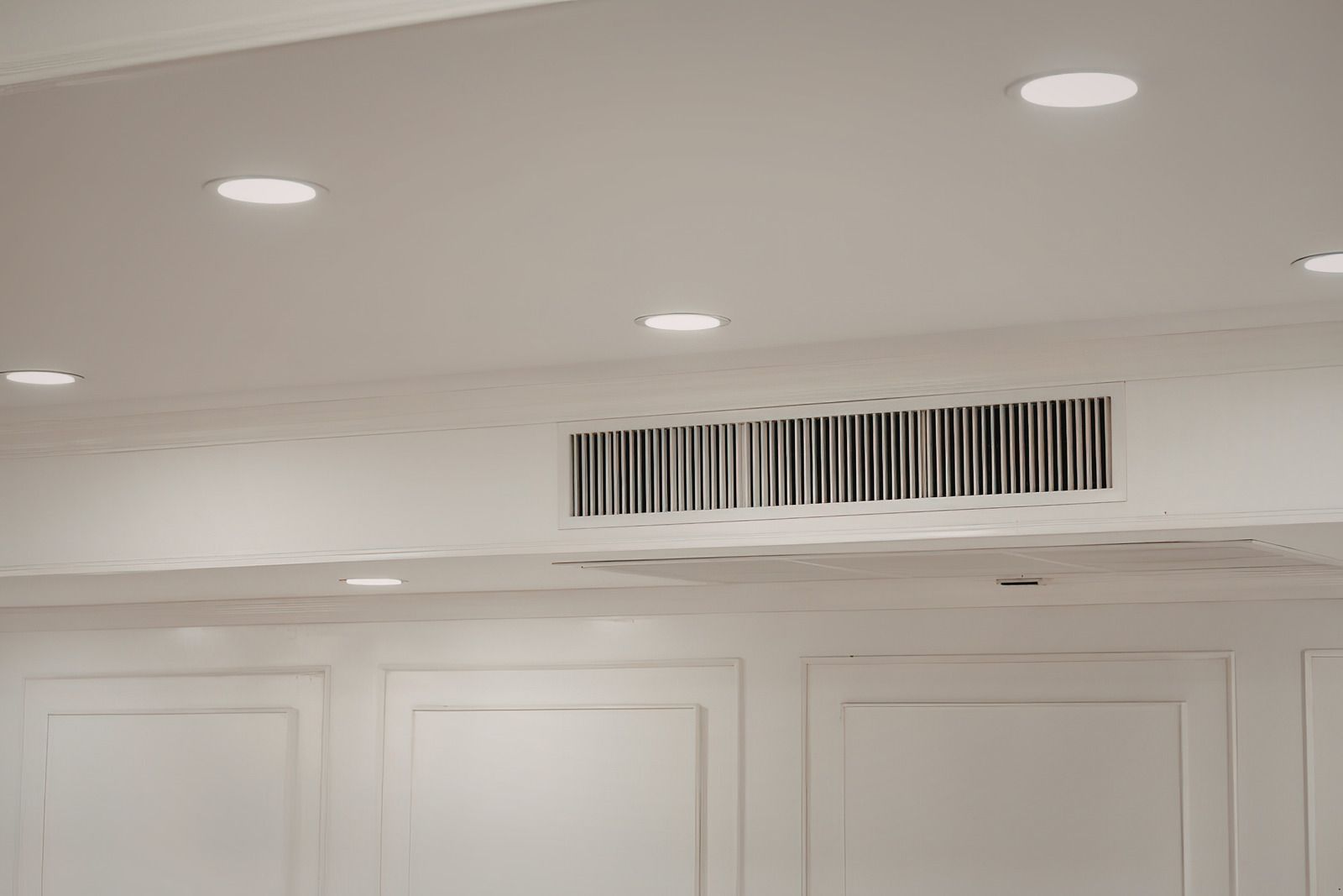 White ceiling with recessed lights and a rectangular air vent above paneled doors