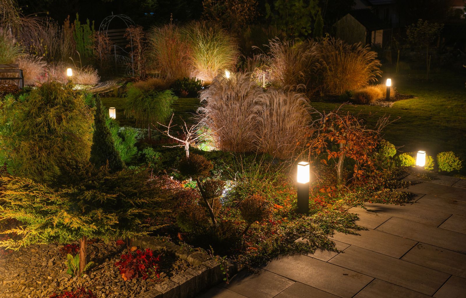 Dimly lit garden path with shrubs, grasses, and glowing landscape lights at night