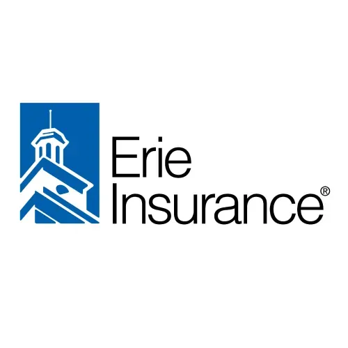 Erie Insurance logo: Blue square with a white building outline next to the words