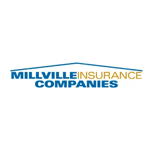Millville Insurance Companies logo: Blue text on a white background with a stylized roofline above.
