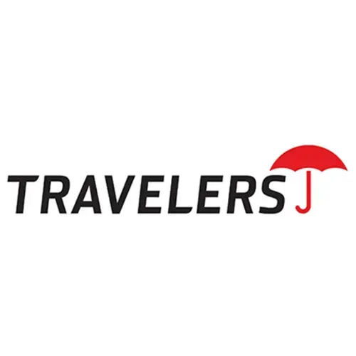 Travelers Insurance logo with black text and a red umbrella.
