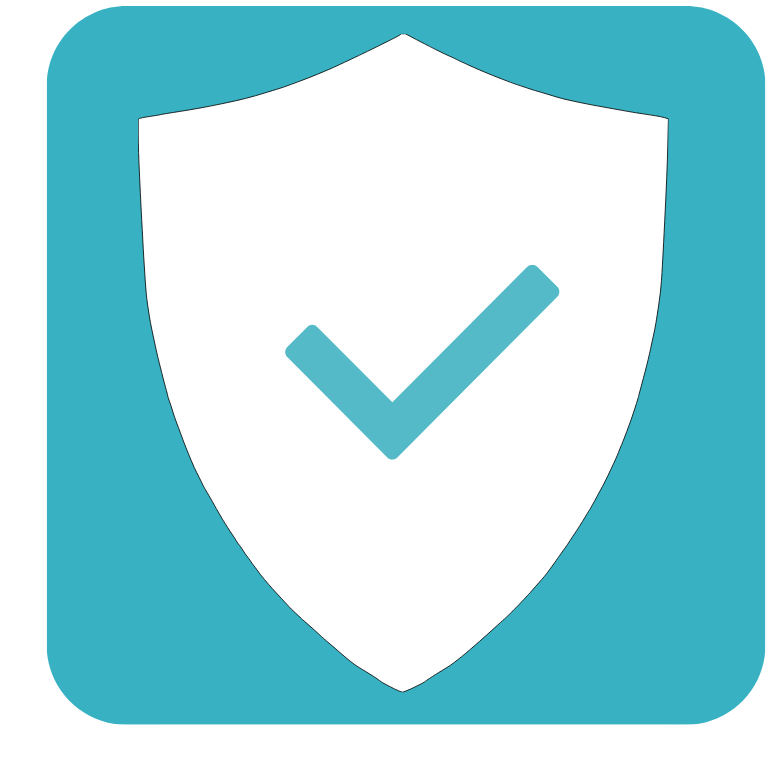A white shield with a blue check mark on it is in a blue square.