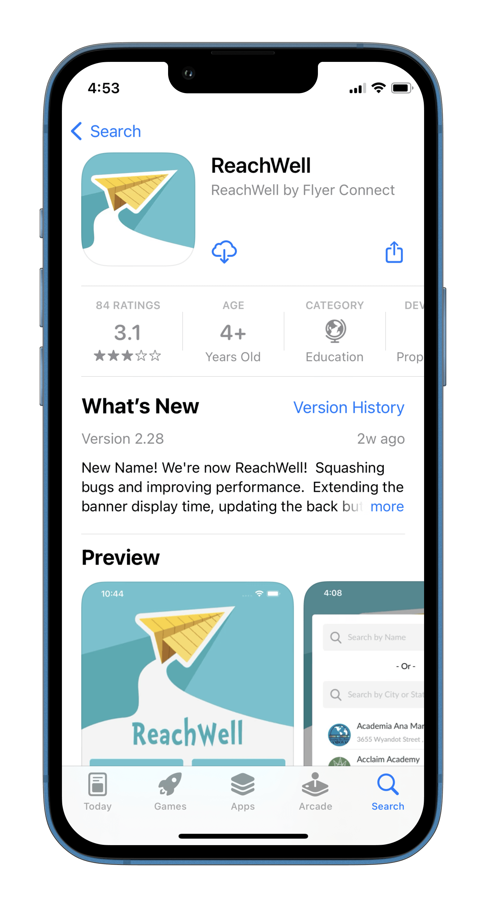 A screenshot of the reachwell app on a cell phone.