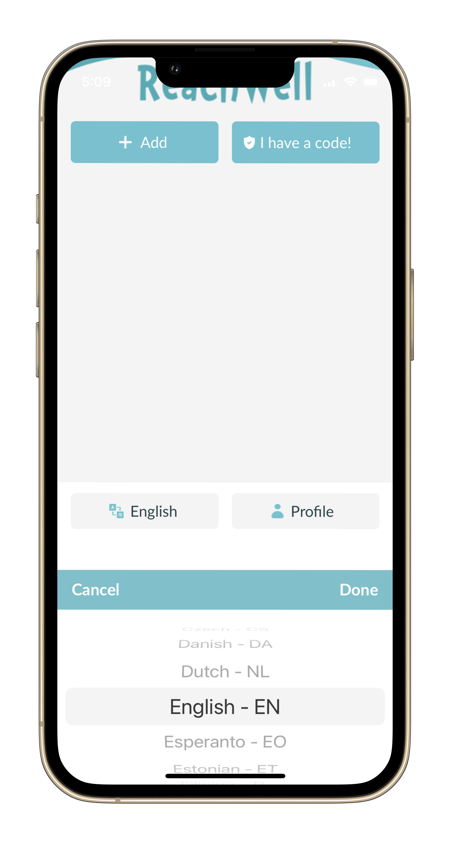 A cell phone with a screen that says reachwell on it.