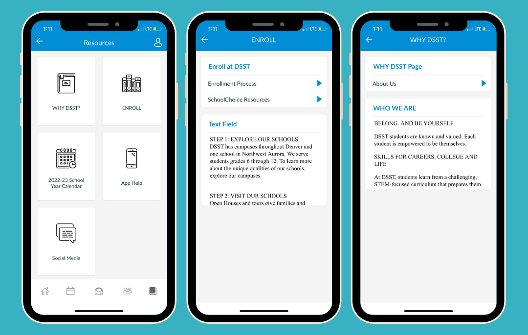 Three phones are displaying different screens of a app on a blue background.