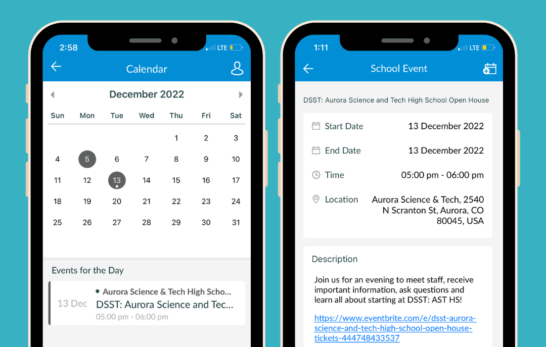 Two cell phones are displaying a calendar and a schedule on a blue background.
