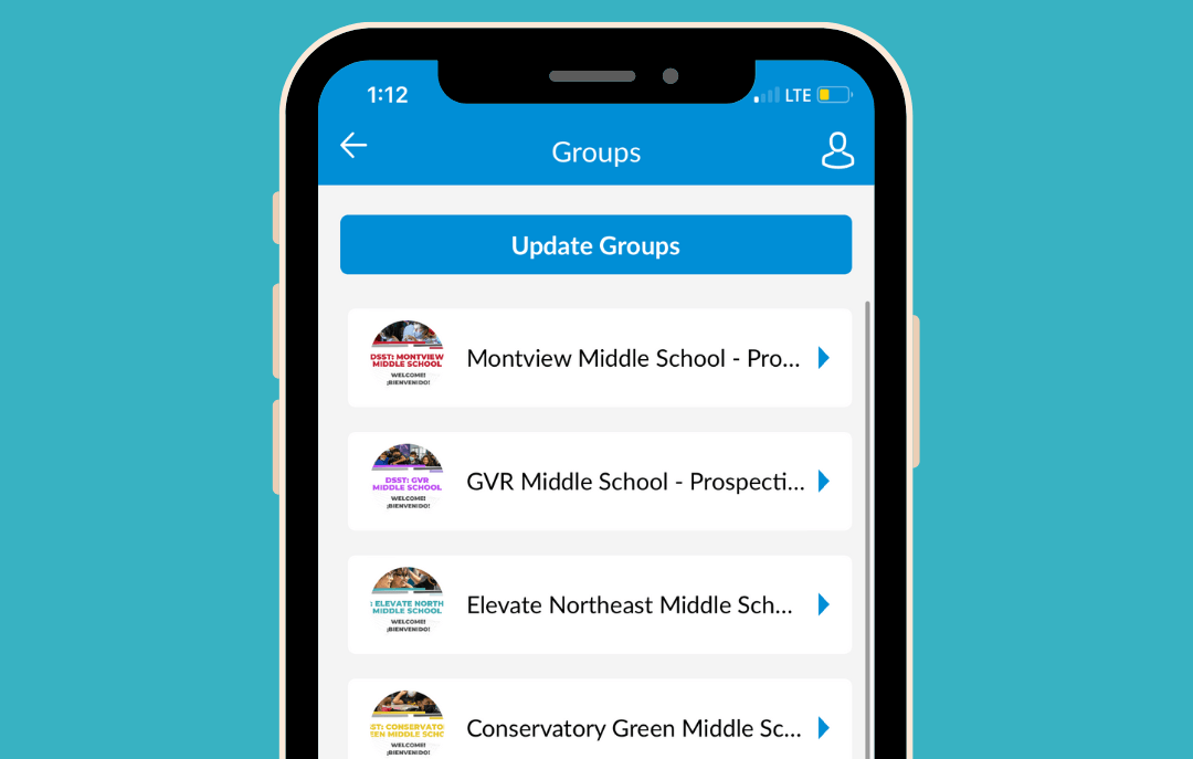 A cell phone displaying a list of groups on a blue background.