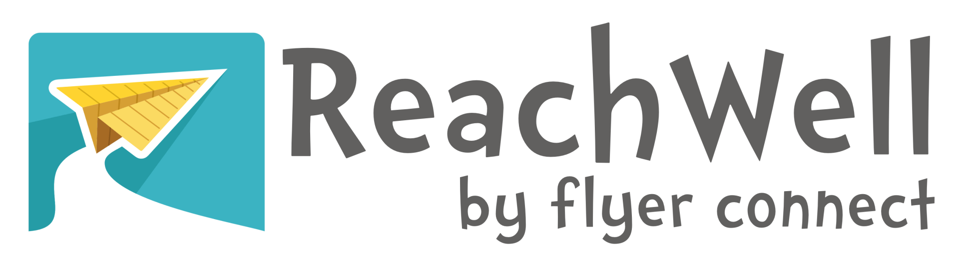 A logo for reachwell by flyer connect with a paper airplane on it.