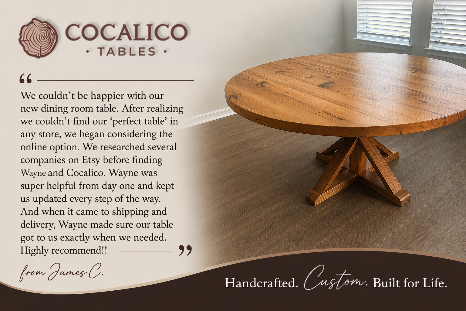 Cocalico Tables promo showing a round wooden pedestal table beside a testimonial quote and logo.
