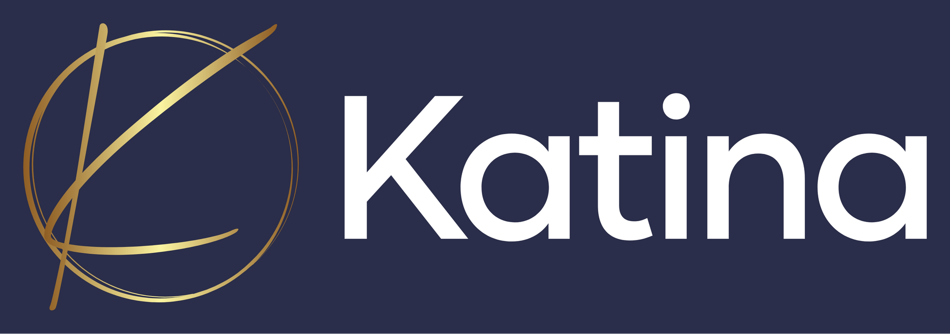 Gold circular logo with the letter “K” overlapping a circle, next to white text that reads “Katina”.