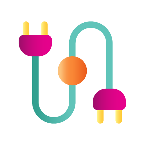 Two-pronged electrical plug and socket connected by a teal cord, with an orange ball in the middle.