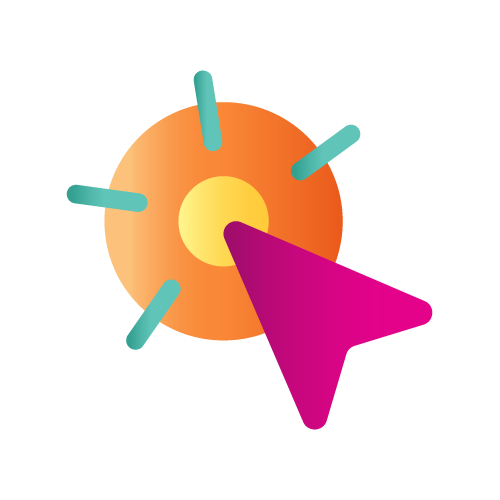 Cursor clicking on a sun-like graphic with teal rays and orange and yellow gradients.