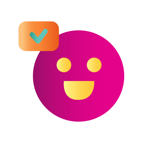 Smiling purple emoji with a checkmark.