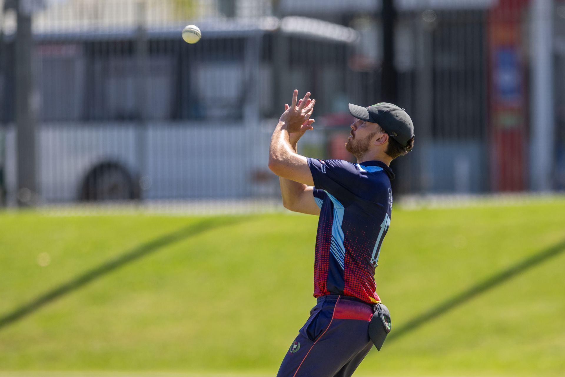 Cricketer in blue and red uniform reaching up to catch a ball on a grassy field