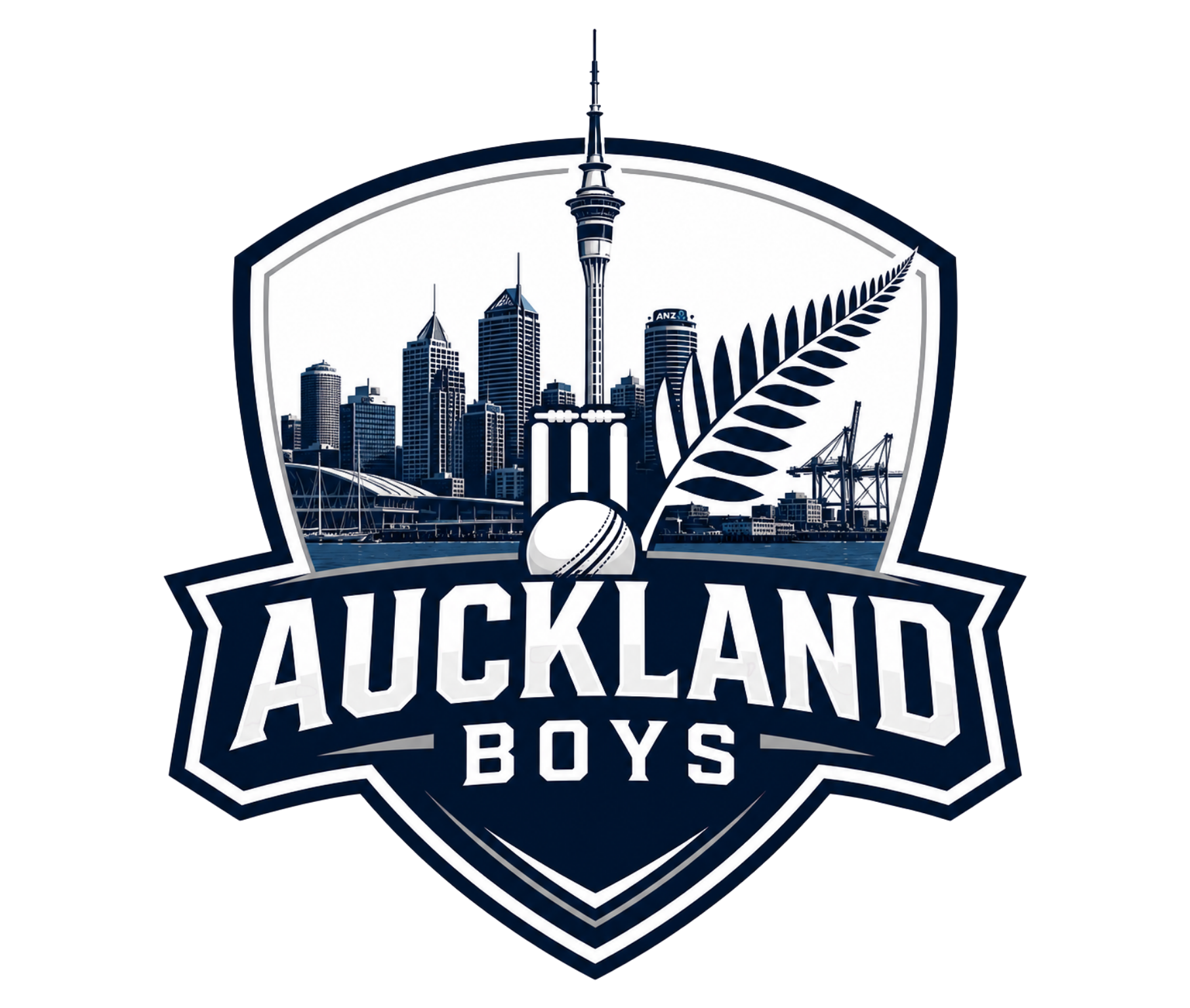 Auckland Boys logo with city skyline, fern leaf, and cricket ball in navy and white