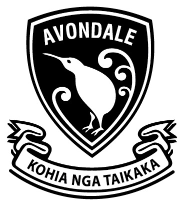 Avondale school crest with a white kiwi and banner reading “KOHIA NGA TAIKAKA”