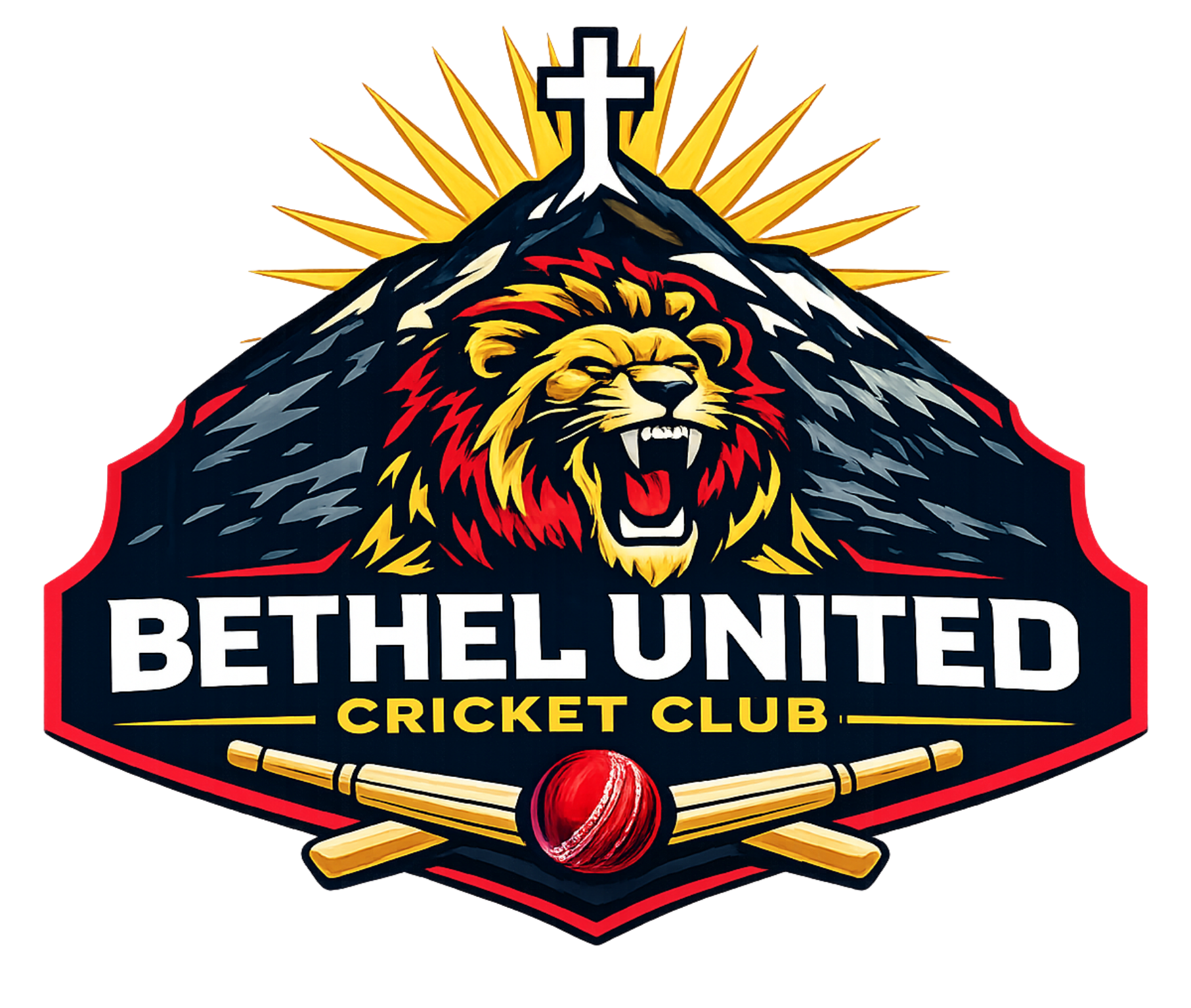 Bethel United Cricket Club logo with roaring lion, cross, sunburst, and crossed cricket bats in black, gold, and red