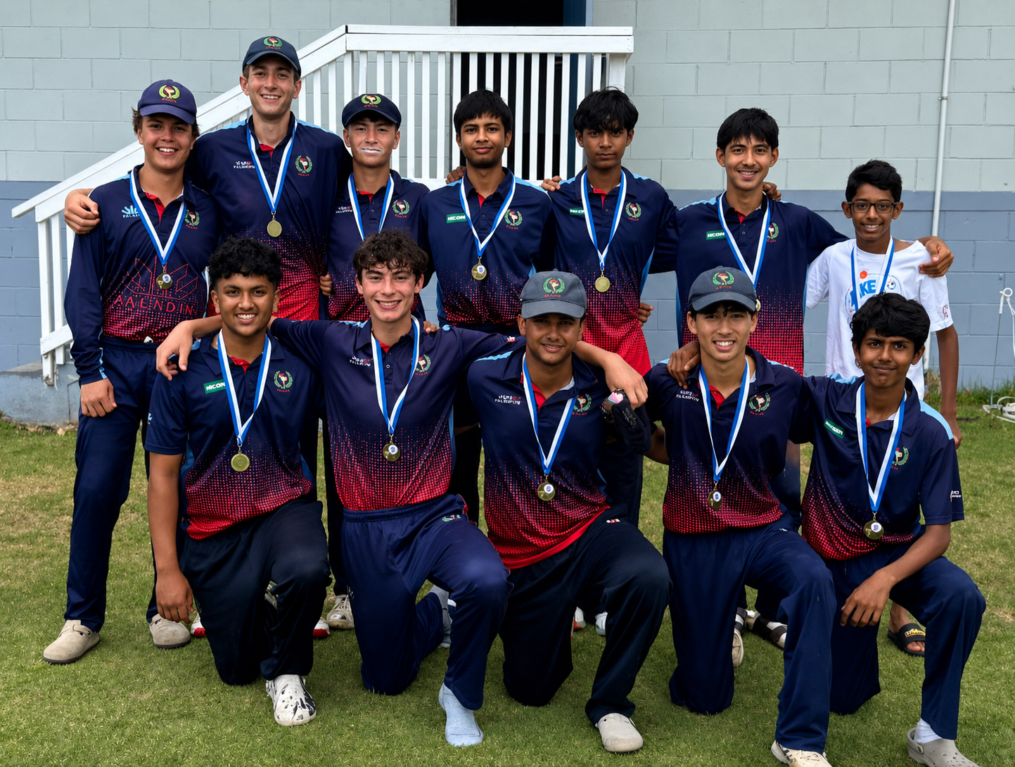 Group of athletes in navy and red uniforms posing with medals on a grassy field