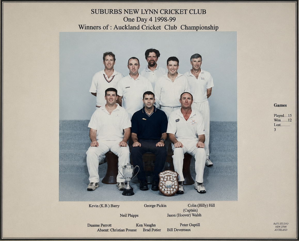 Vintage cricket team portrait of six men in white uniforms and one seated in black, posed against a blue wall.