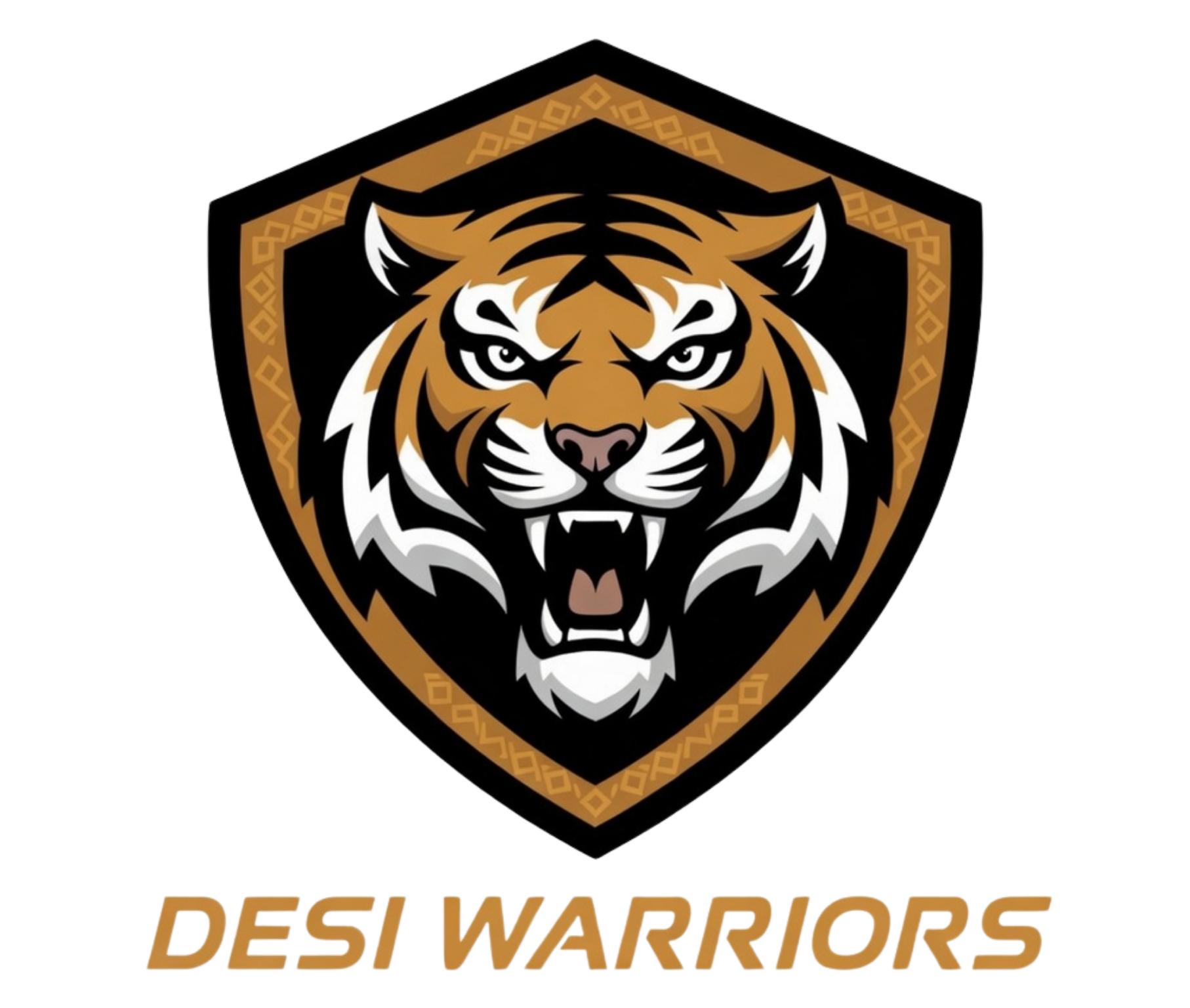 Tiger head logo with black and gold shield and the text “DESI WARRIORS”