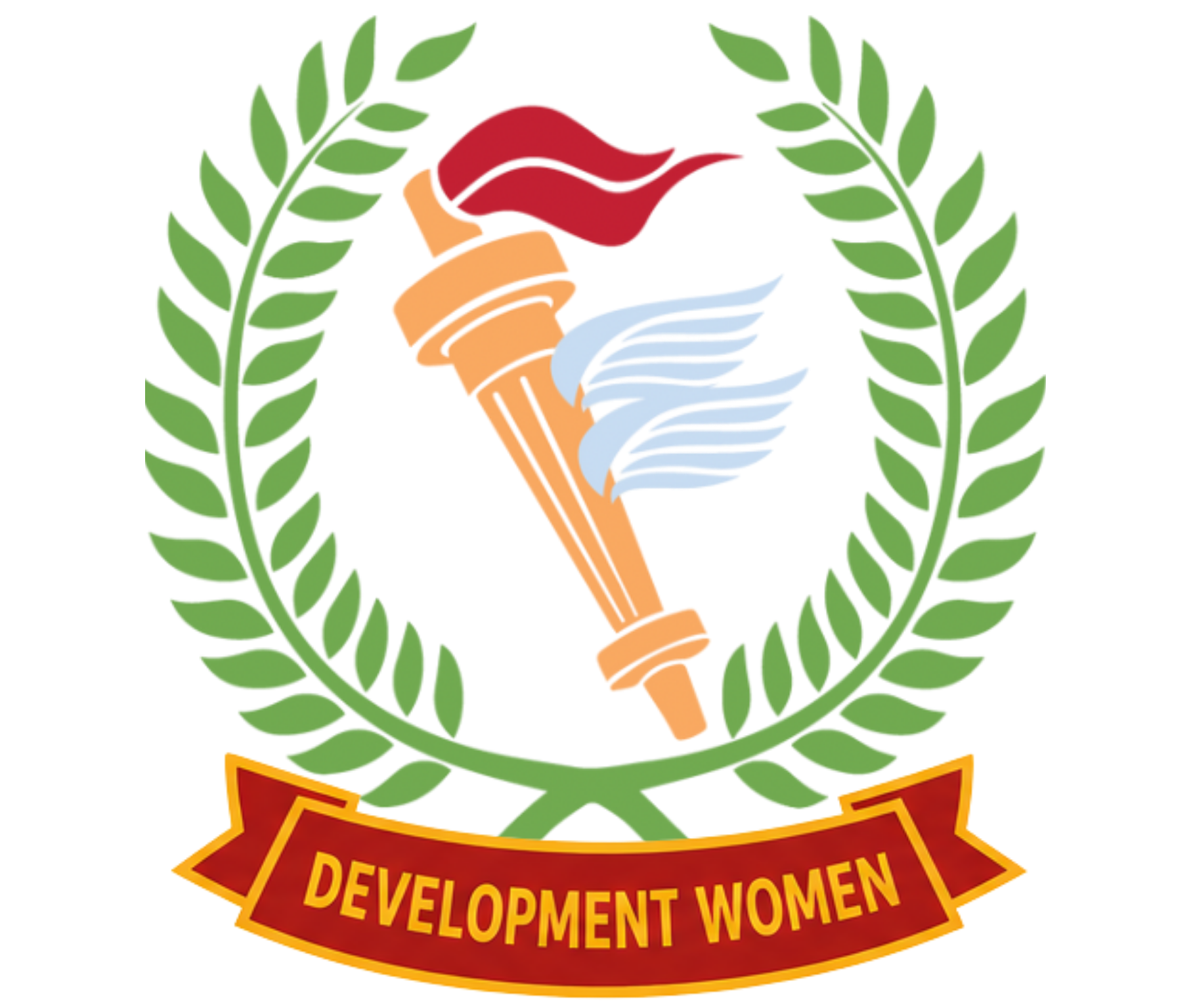 Torch emblem with laurel wreath and ribbon reading “DEVELOPMENT WOMEN”
