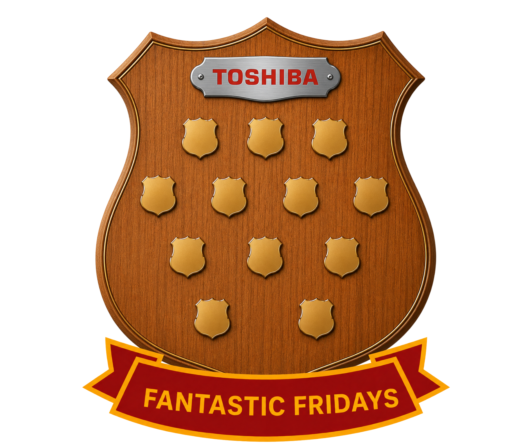 Toshiba shield logo with gold badges and “Fantastic Fridays” banner on a tan background