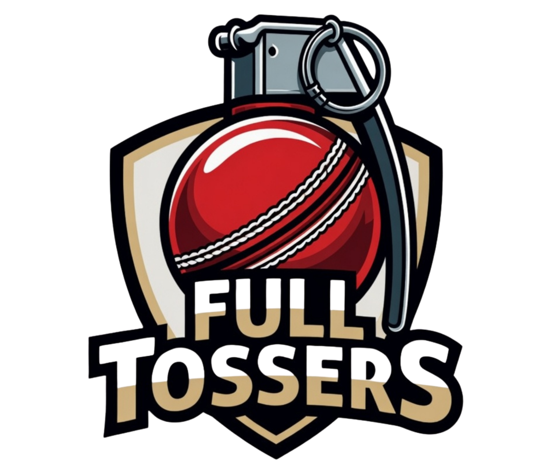 Logo of a red cricket ball with the words “FULL TOSSERS” on a shield emblem
