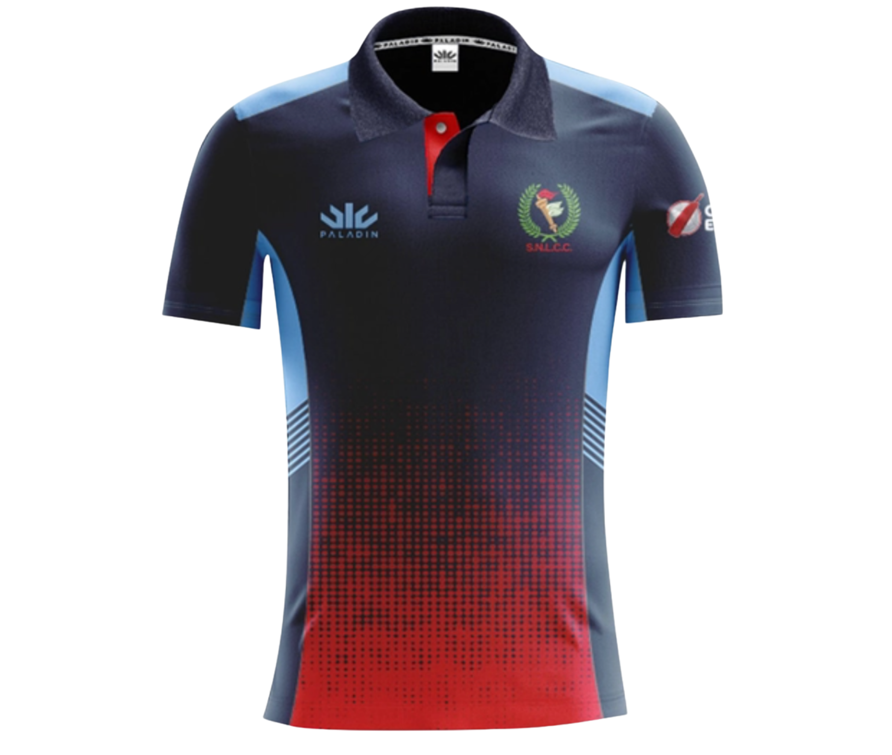 Navy, red, and blue sports polo jersey with team logos and gradient pattern